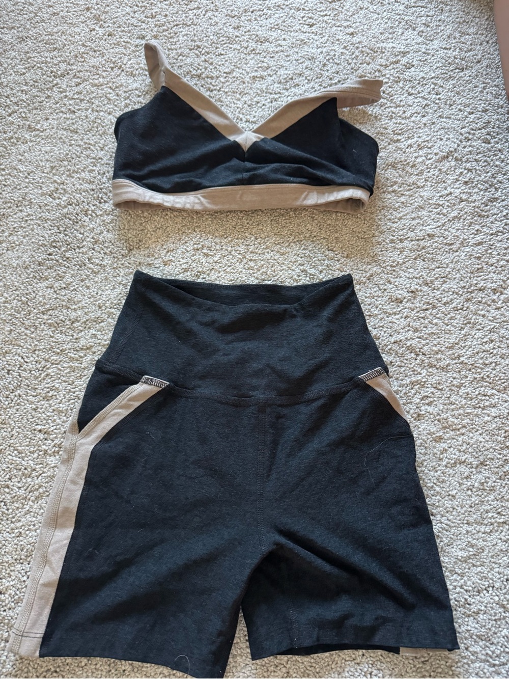 Beyond yoga Black and Beige Two-Piece Active Set - Crop Top & High-Waist Shorts